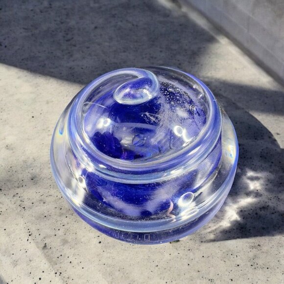 Hand Blown Studio Glass Paperweight Figurine Cobalt Blue Swirl Clear Edges VTG - Picture 3 of 16